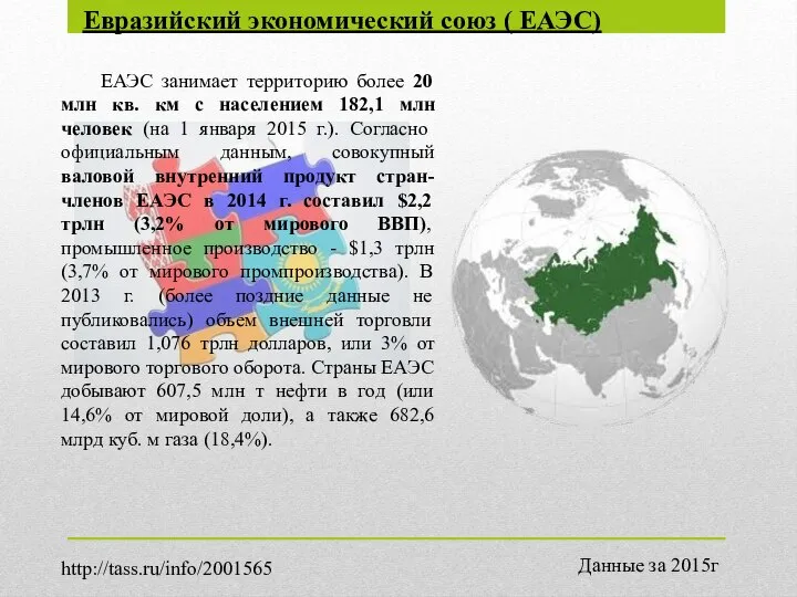 Евразийский экономический союз ( ЕАЭС) http://tass.ru/info/2001565 ЕАЭС занимает территорию более 20