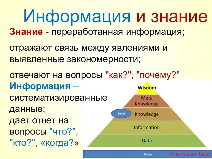 Знание - переработанная информация; отражают связь между явлениями и выявленные закономерности;