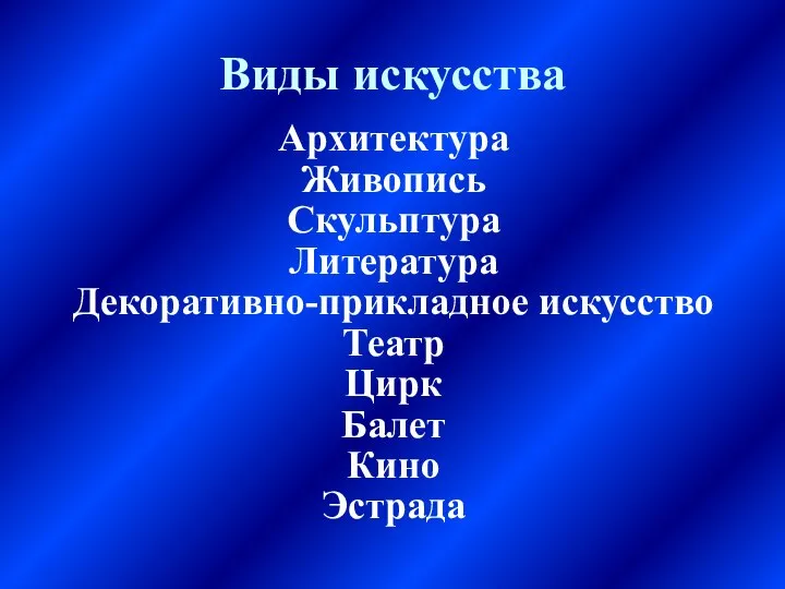 Виды искусства Архитектура Живопись Скульптура Литература Декоративно-прикладное искусство Театр Цирк Балет Кино Эстрада