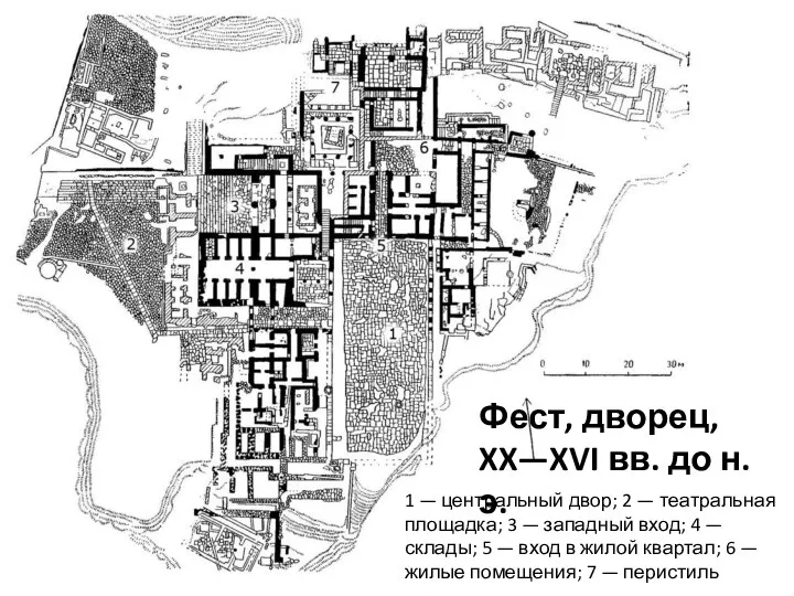 Фест, дворец, XX—XVI вв. до н.э. 1 — центральный двор; 2