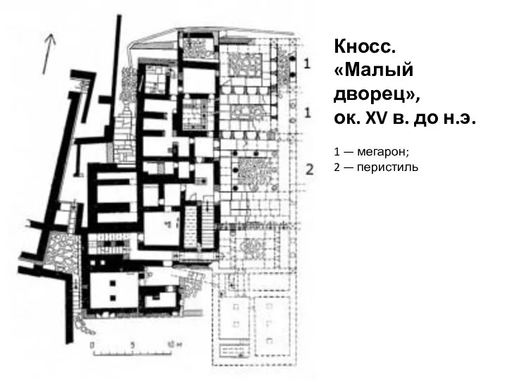 Кносс. «Малый дворец», ок. XV в. до н.э. 1 — мегарон; 2 — перистиль