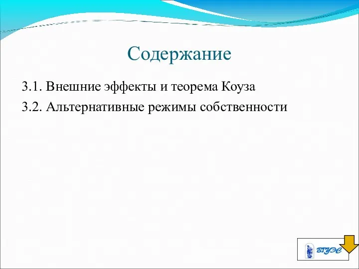 Содержание 3.1. Внешние эффекты и теорема Коуза 3.2. Альтернативные режимы собственности