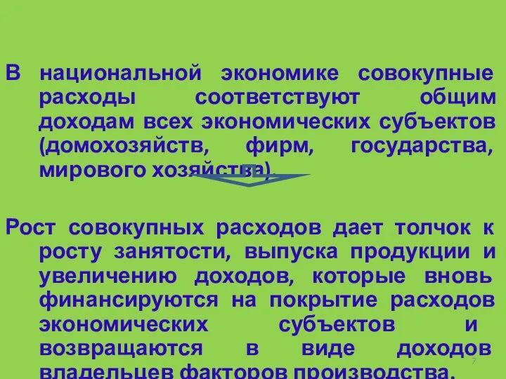 В национальной экономике совокупные расходы соответствуют общим доходам всех экономических субъектов