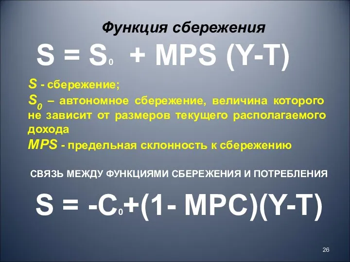 Функция сбережения S = -C0+(1- MPC)(Y-Т) S = S0 + MPS