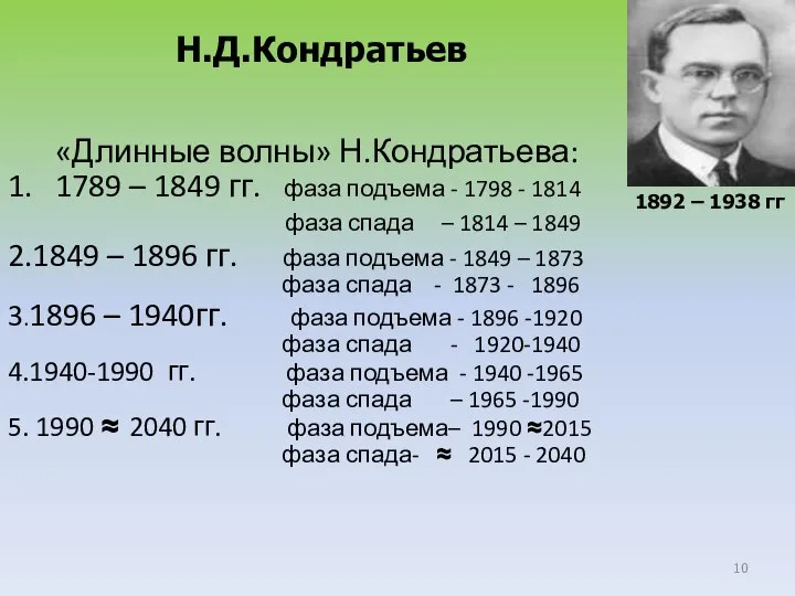 «Длинные волны» Н.Кондратьева: 1. 1789 – 1849 гг. фаза подъема -