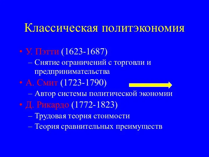 Классическая политэкономия У. Пэтти (1623-1687) Снятие ограничений с торговли и предпринимательства