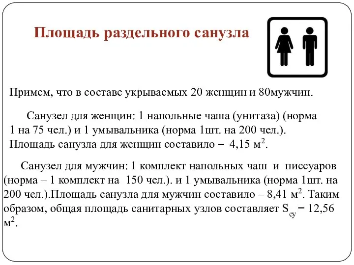 Площадь раздельного санузла Санузел для женщин: 1 напольные чаша (унитаза) (норма