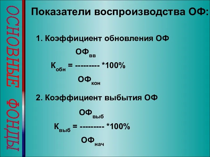 ОСНОВНЫЕ ФОНДЫ Показатели воспроизводства ОФ: 1. Коэффициент обновления ОФ ОФвв Кобн