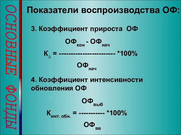 ОСНОВНЫЕ ФОНДЫ Показатели воспроизводства ОФ: 3. Коэффициент прироста ОФ ОФкон -