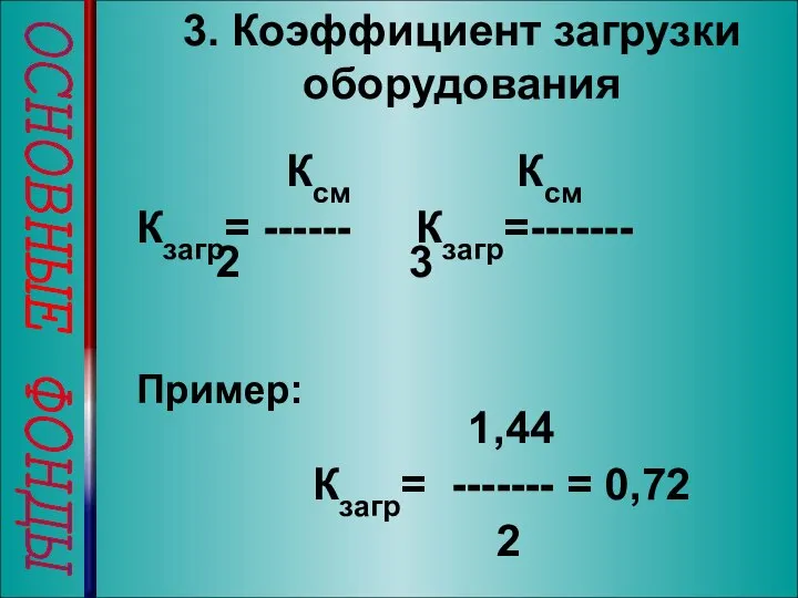 ОСНОВНЫЕ ФОНДЫ 3. Коэффициент загрузки оборудования Ксм Ксм Кзагр= ------ Кзагр=-------