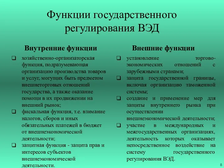 Функции государственного регулирования ВЭД Внутренние функции хозяйственно-организаторская функция, подразумевающая организацию производства