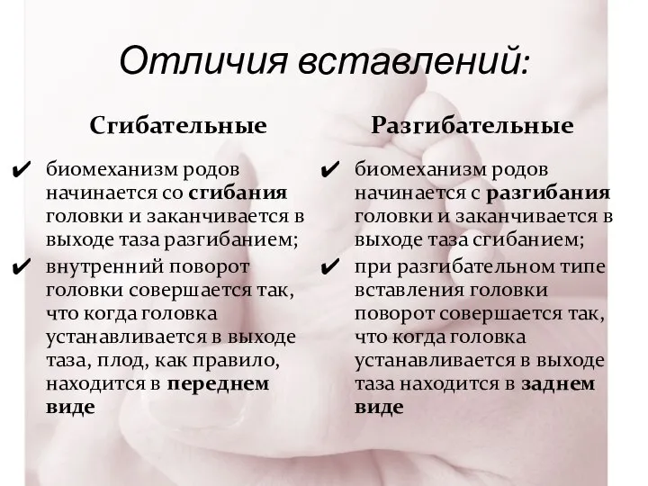 Отличия вставлений: Сгибательные биомеханизм родов начинается со сгибания головки и заканчивается