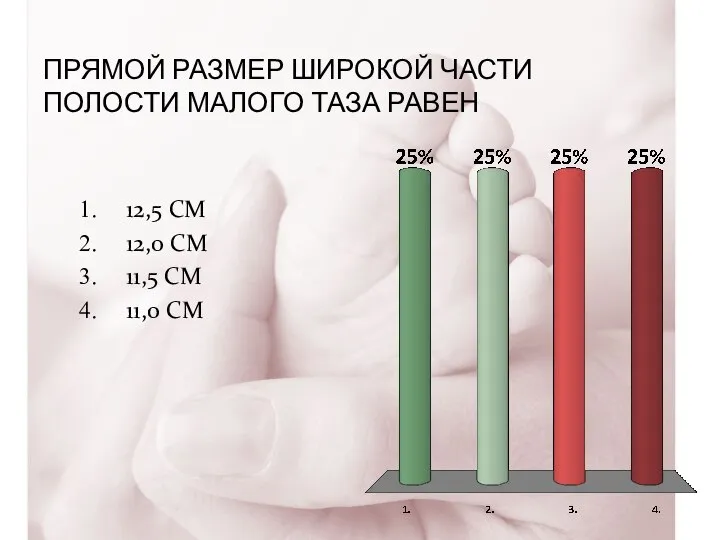 ПРЯМОЙ РАЗМЕР ШИРОКОЙ ЧАСТИ ПОЛОСТИ МАЛОГО ТАЗА РАВЕН 12,5 СМ 12,0 СМ 11,5 СМ 11,0 СМ