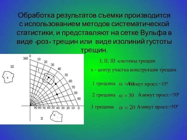 Обработка результатов съемки производится с использованием методов систематической статистики, и представляют