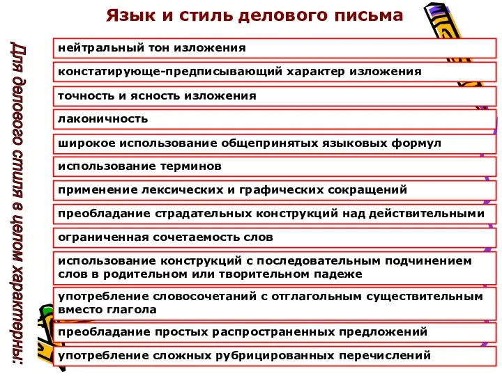 Язык и стиль делового письма нейтральный тон изложения констатирующе-предписывающий характер изложения