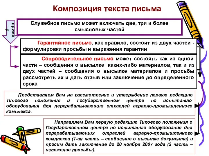 пример Служебное письмо может включать две, три и более смысловых частей