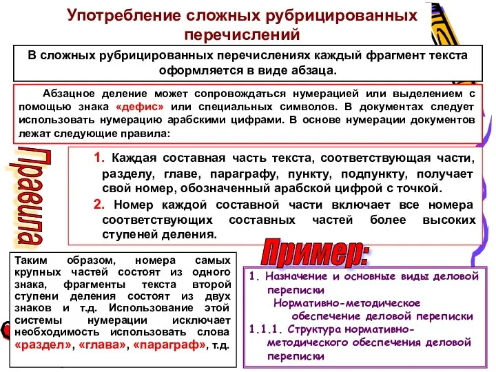 Употребление сложных рубрицированных перечислений В сложных рубрицированных перечислениях каждый фрагмент текста