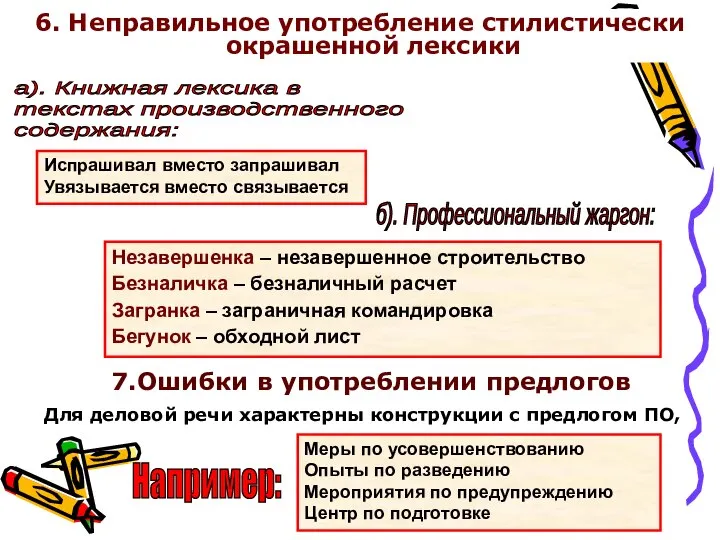 6. Неправильное употребление стилистически окрашенной лексики Испрашивал вместо запрашивал Увязывается вместо