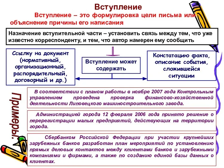 Вступление Вступление – это формулировка цели письма или объяснение причины его