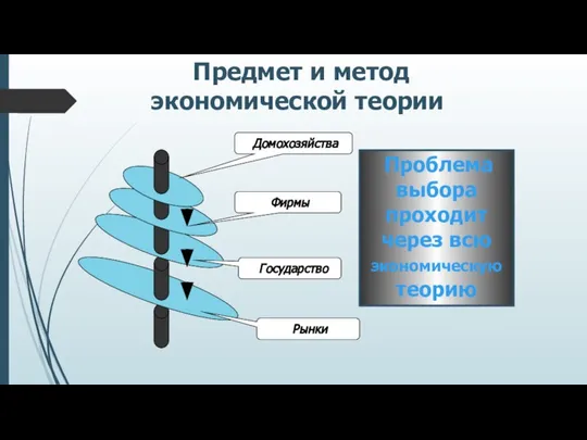 Предмет и метод экономической теории Проблема выбора проходит через всю экономическую теорию Фирмы Домохозяйства Государство Рынки