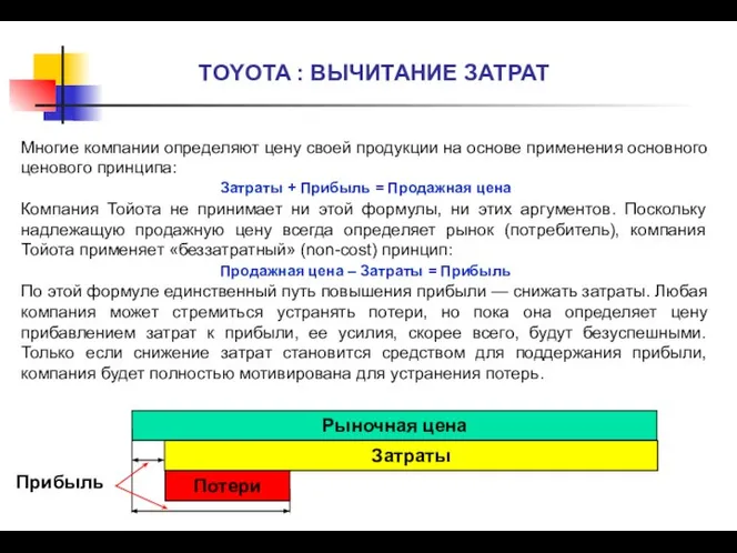 TOYOTA : ВЫЧИТАНИЕ ЗАТРАТ Многие компании определяют цену своей продукции на