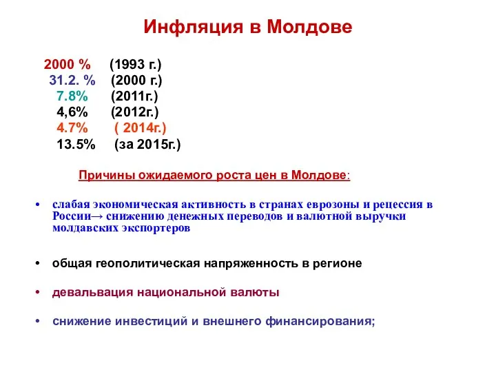 Инфляция в Молдове 2000 % (1993 г.) 31.2. % (2000 г.)
