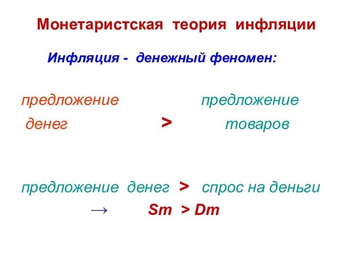 Монетаристская теория инфляции Инфляция - денежный феномен: предложение предложение денег >