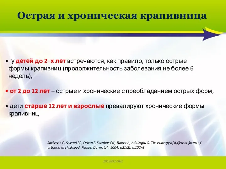 2013/02-062 Острая и хроническая крапивница у детей до 2–х лет встречаются,