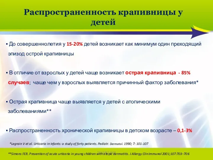 2013/02-062 Распространенность крапивницы у детей До совершеннолетия у 15-20% детей возникает