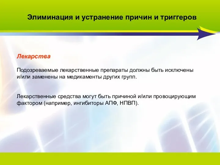 Элиминация и устранение причин и триггеров Лекарства Подозреваемые лекарственные препараты должны