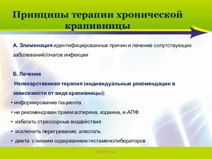 2013/02-062 Принципы терапии хронической крапивницы А. Элиминация идентифицированных причин и лечение