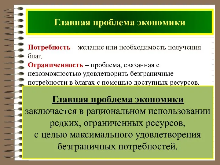 Потребность – желание или необходимость получения благ. Ограниченность – проблема, связанная