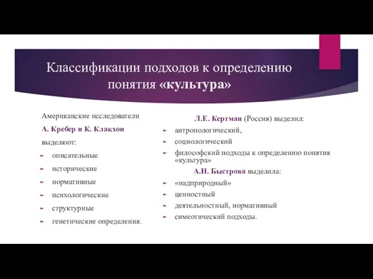 Классификации подходов к определению понятия «культура» Американские исследователи А. Кребер и