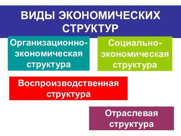 ВИДЫ ЭКОНОМИЧЕСКИХ СТРУКТУР Организационно- экономическая структура Социально- экономическая структура Воспроизводственная структура Отраслевая структура