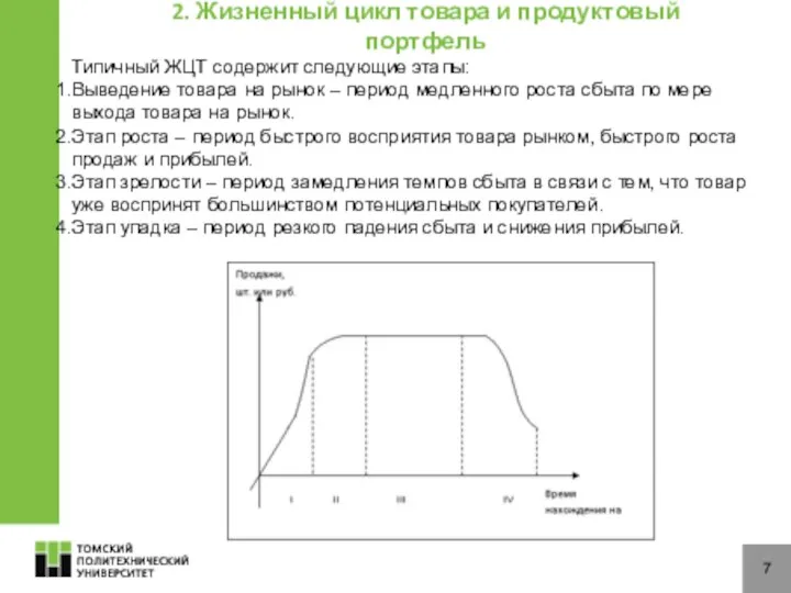 7 Типичный ЖЦТ содержит следующие этапы: Выведение товара на рынок –