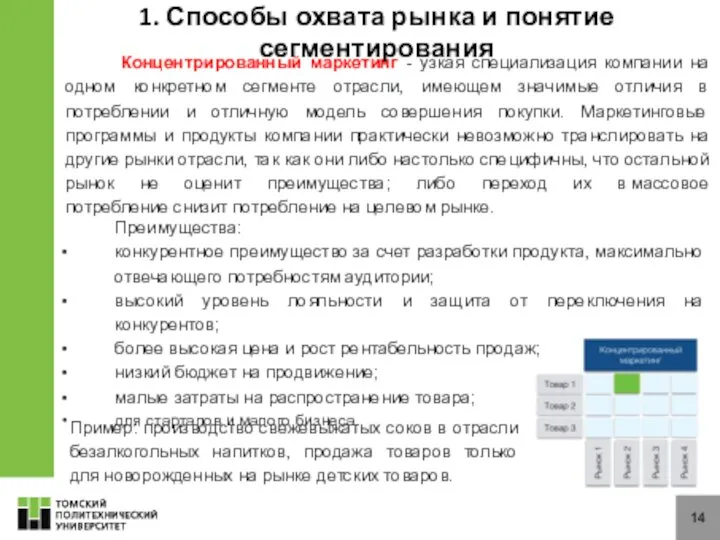 14 1. Способы охвата рынка и понятие сегментирования Концентрированный маркетинг -