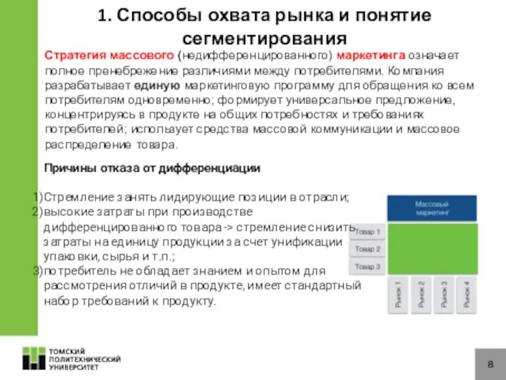 8 1. Способы охвата рынка и понятие сегментирования Стратегия массового (недифференцированного)