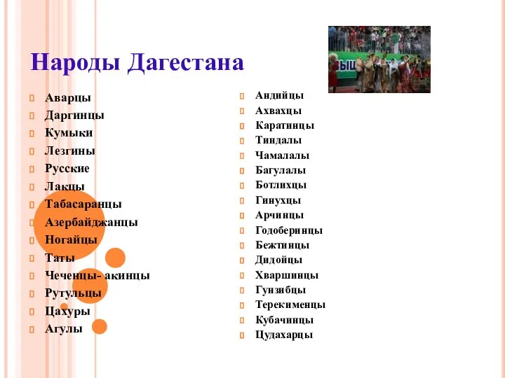 Народы Дагестана Аварцы Даргинцы Кумыки Лезгины Русские Лакцы Табасаранцы Азербайджанцы Ногайцы