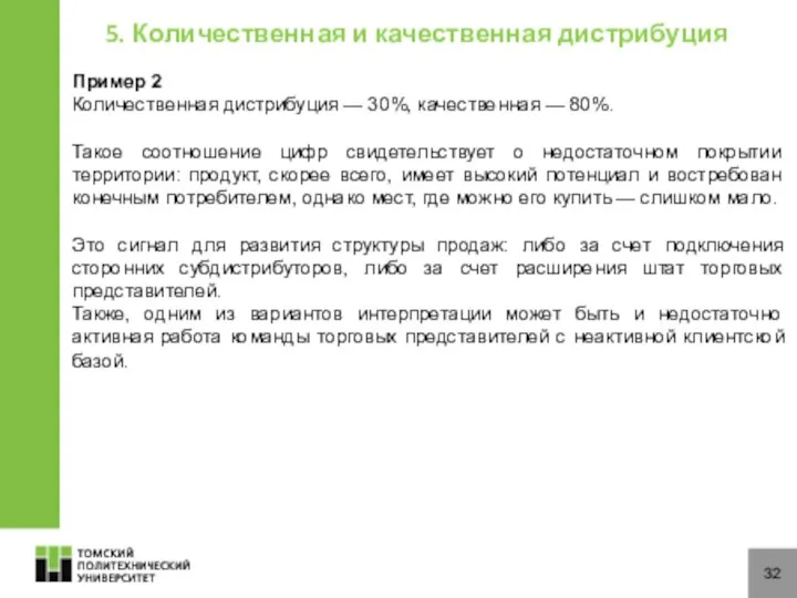 32 5. Количественная и качественная дистрибуция Пример 2 Количественная дистрибуция —