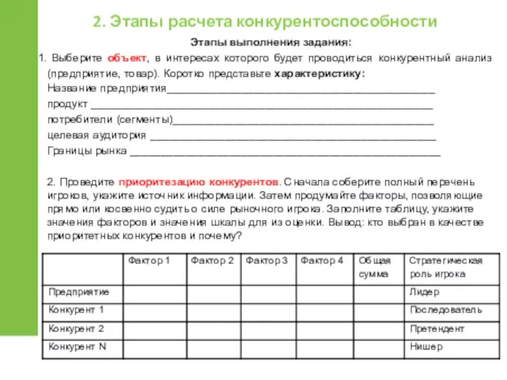 Этапы выполнения задания: Выберите объект, в интересах которого будет проводиться конкурентный