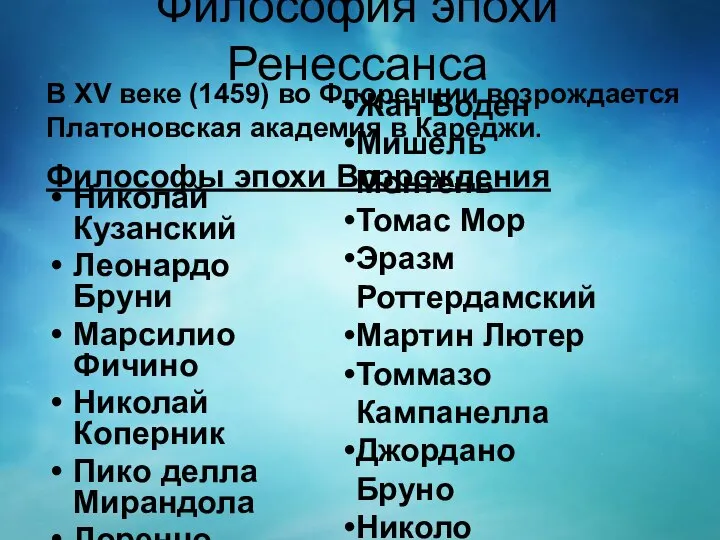 Философия эпохи Ренессанса Николай Кузанский Леонардо Бруни Марсилио Фичино Николай Коперник