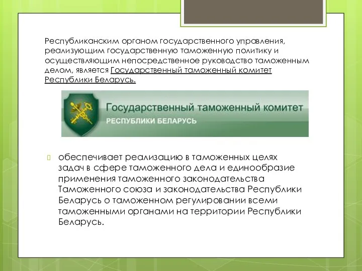 Республиканским органом государственного управления, реализующим государственную таможенную политику и осуществляющим непосредственное