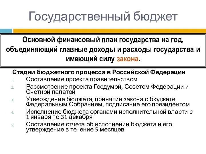 Государственный бюджет Стадии бюджетного процесса в Российской Федерации Составление проекта правительством