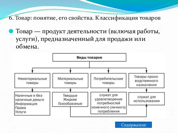 6. Товар: понятие, его свойства. Классификация товаров Товар — продукт деятельности