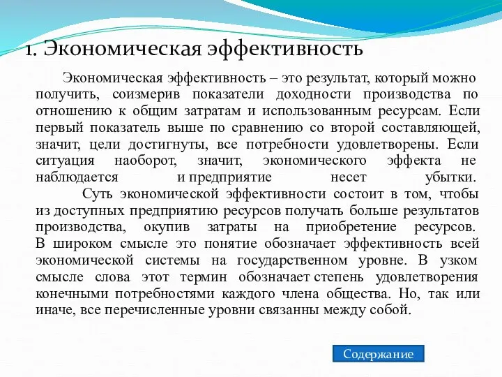 1. Экономическая эффективность Экономическая эффективность – это результат, который можно получить,