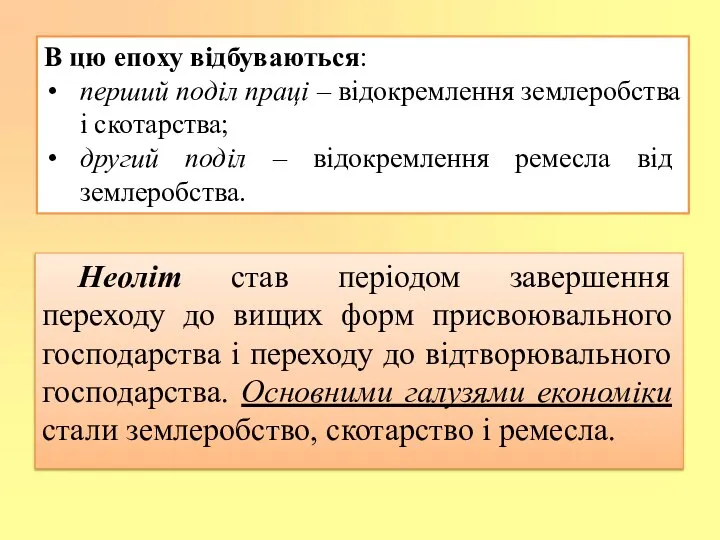 Неоліт став періодом завершення переходу до вищих форм присвоювального господарства і