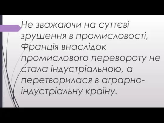 Не зважаючи на суттєві зрушення в промисловості, Франція внаслідок промислового перевороту