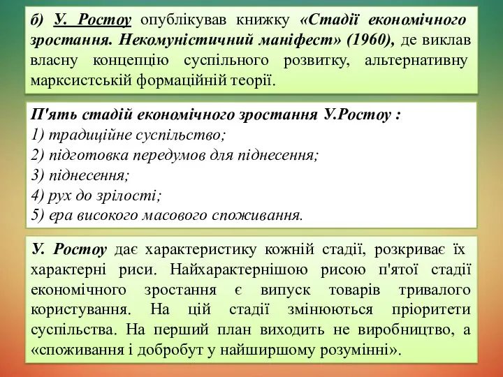 б) У. Ростоу опублікував книжку «Стадії економічного зростання. Некомуністичний маніфест» (1960),