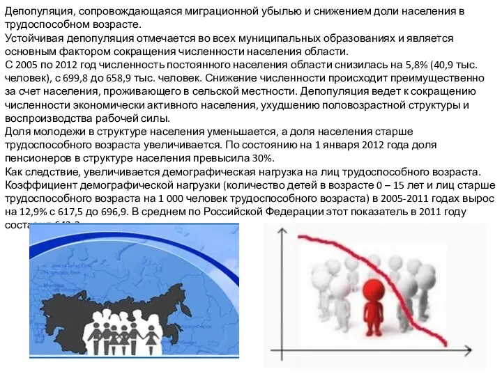 Депопуляция, сопровождающаяся миграционной убылью и снижением доли населения в трудоспособном возрасте.