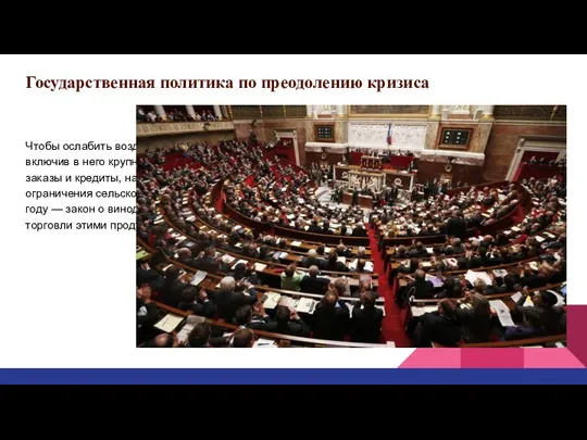 Государственная политика по преодолению кризиса Чтобы ослабить воздействие кризиса, правительство создало